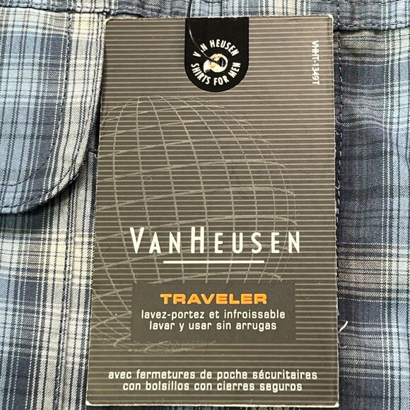 New Van Heusen Traveler Shirt Mens Large Long Sleeve Button Up Blue Plaid Vented - Picture 5 of 9
